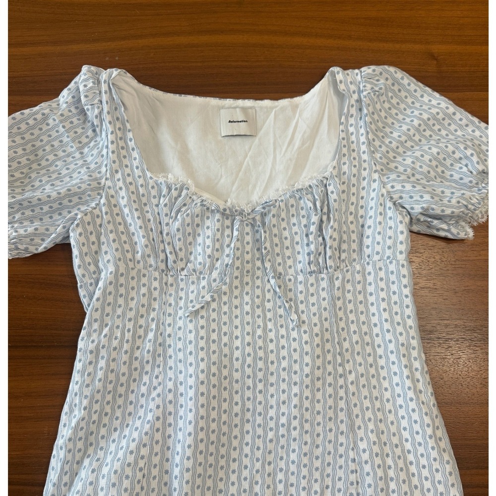 Reformation Cherise Linen Midi Dress Size 12 Blue Floral Regency Milkmaid - Picture 6 of 14